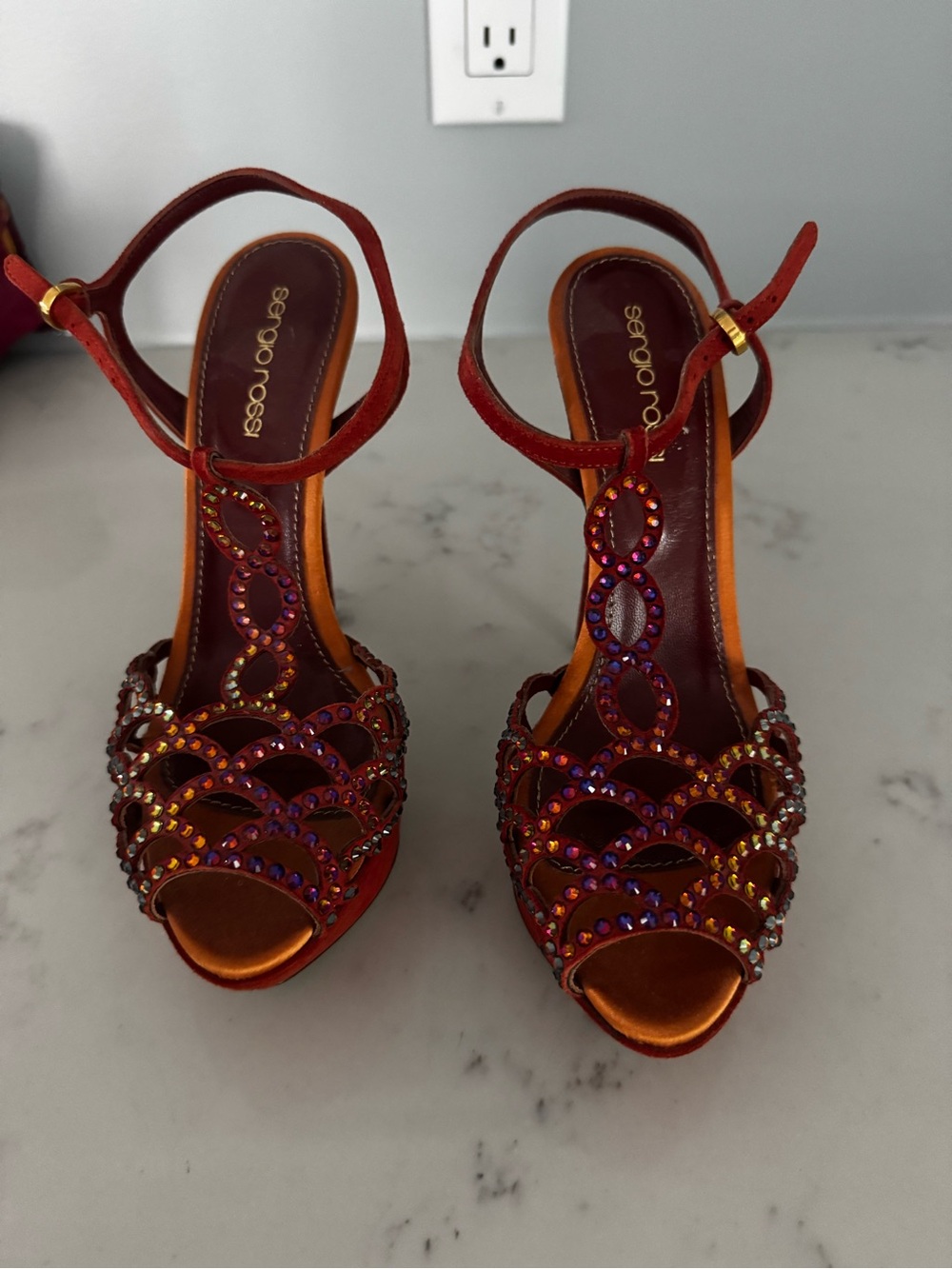 Sergio Rossi Orange suede Crystal Embellished platform Sandals size 6